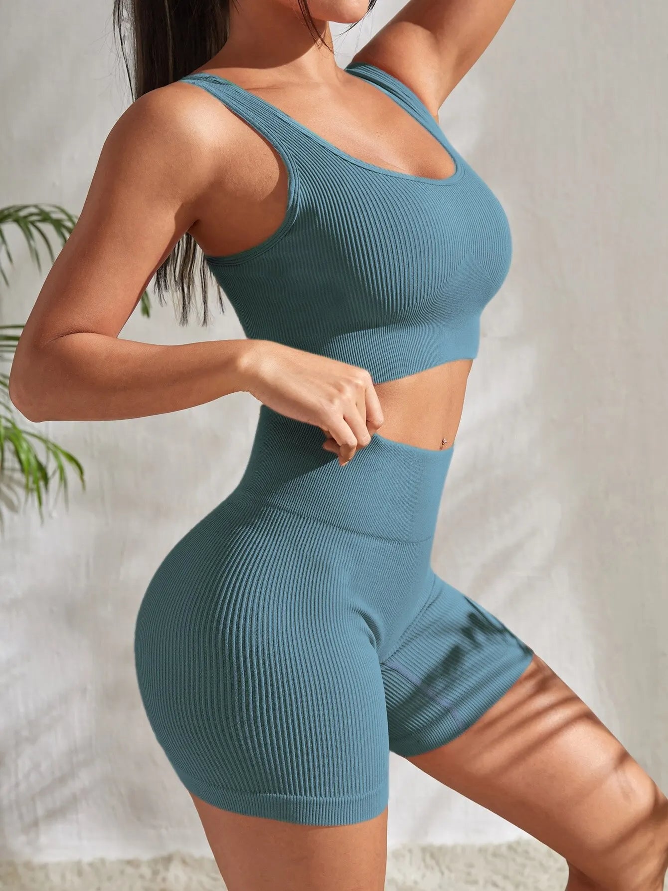 Seamless Ribbed Fitness Set for Women Solid Color Knit 2 Piece Workout Outfit Crop Tank High Waist Shorts Yoga Running