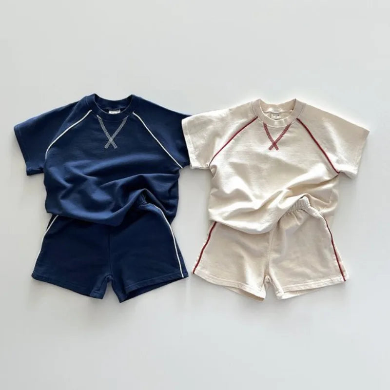 Korean Style Newborn Baby Boys Girls Sport Wear Clothing Suit Short Sleeved Cotton Solid Color T-shirt+Shorts Children Tracksuit