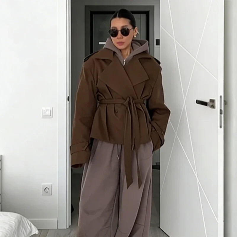 Solid Lapel Lace Up Trench Coat Women Fashion Full Sleeve Waist Cinching Short Windbreak New Autumn Office Commute Outwear 2026
