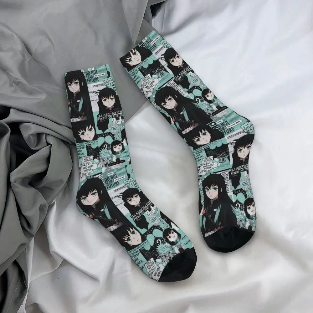 Custom Giyuu Tomioka Demon Slayer Men Women Crew Socks Unisex Kawaii Kimetsu No Yaiba Spring Summer Autumn Winter Dress Socks