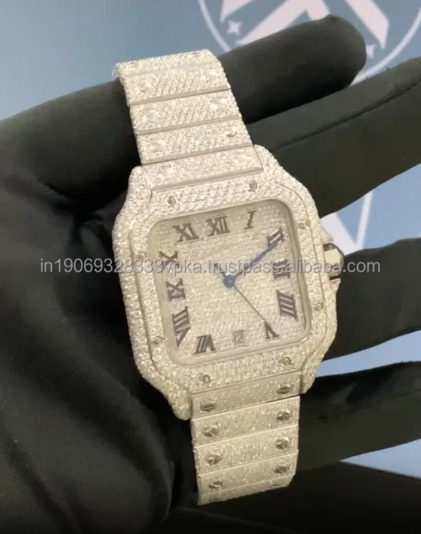 Luxury Men's Iced Watch Stainless Steel Moissanite Diamond Analog Mechanical Movement 41mm Glass Dial Hip Hop Folding Clasp