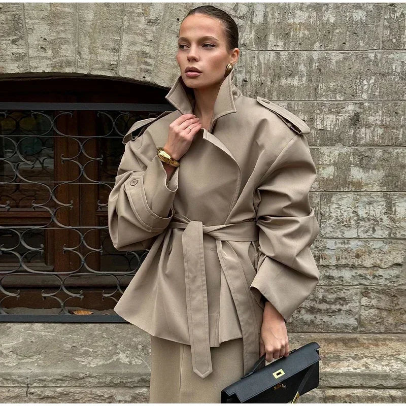 Solid Lapel Lace Up Trench Coat Women Fashion Full Sleeve Waist Cinching Short Windbreak New Autumn Office Commute Outwear 2026