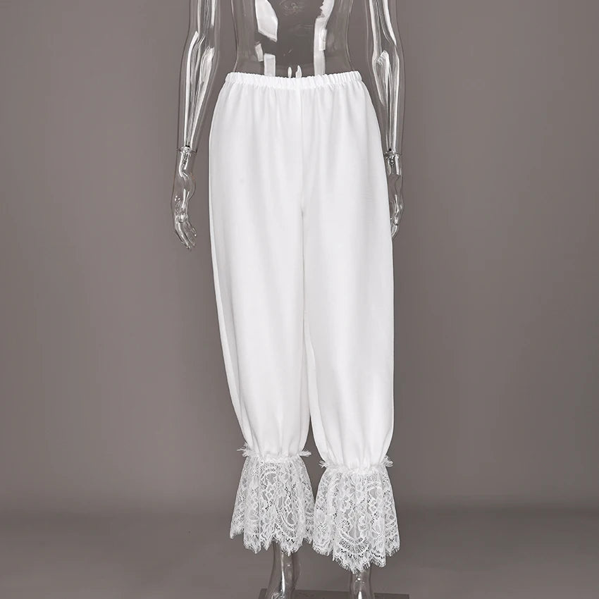 Linad Vintage Loose Lace Pencil Pants For Women White Elegant Elastic Waist Trousers Street Chic Ankle Length Pants 2025 Summer