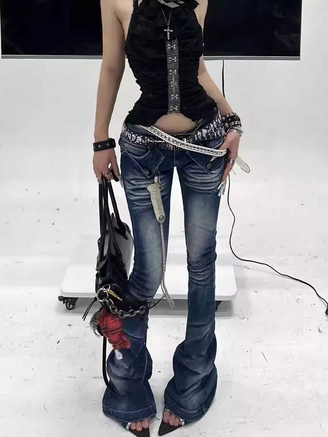 Women's Low Flare Jeans Cyber Punk Abi Y2k Japanese Skinny Bootcut Harajuku Goblin Core Long Trousers Denim Pants Bell Bottom