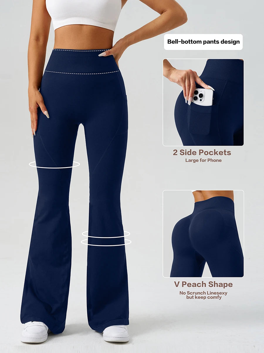 Flared Yoga Pants Women High Waist Bell Bottom Leggings Seamless Trousers w/Pockets Retro Gym Fitness Athleisure Wide Leg Pants