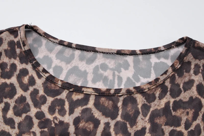 Hugcitar Leopard Print Mesh Long Sleeve Sexy Slim  See Through Maxi Dress Fall Women Fashion Outfits Beach Vacation Club