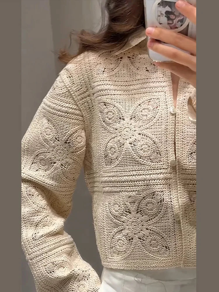 Sweater Crochet Tops Shorts Women Set Lapel Single Breasted Short Top Crochet Flower Hollow Out Shorts Casual Loose Woman Suits