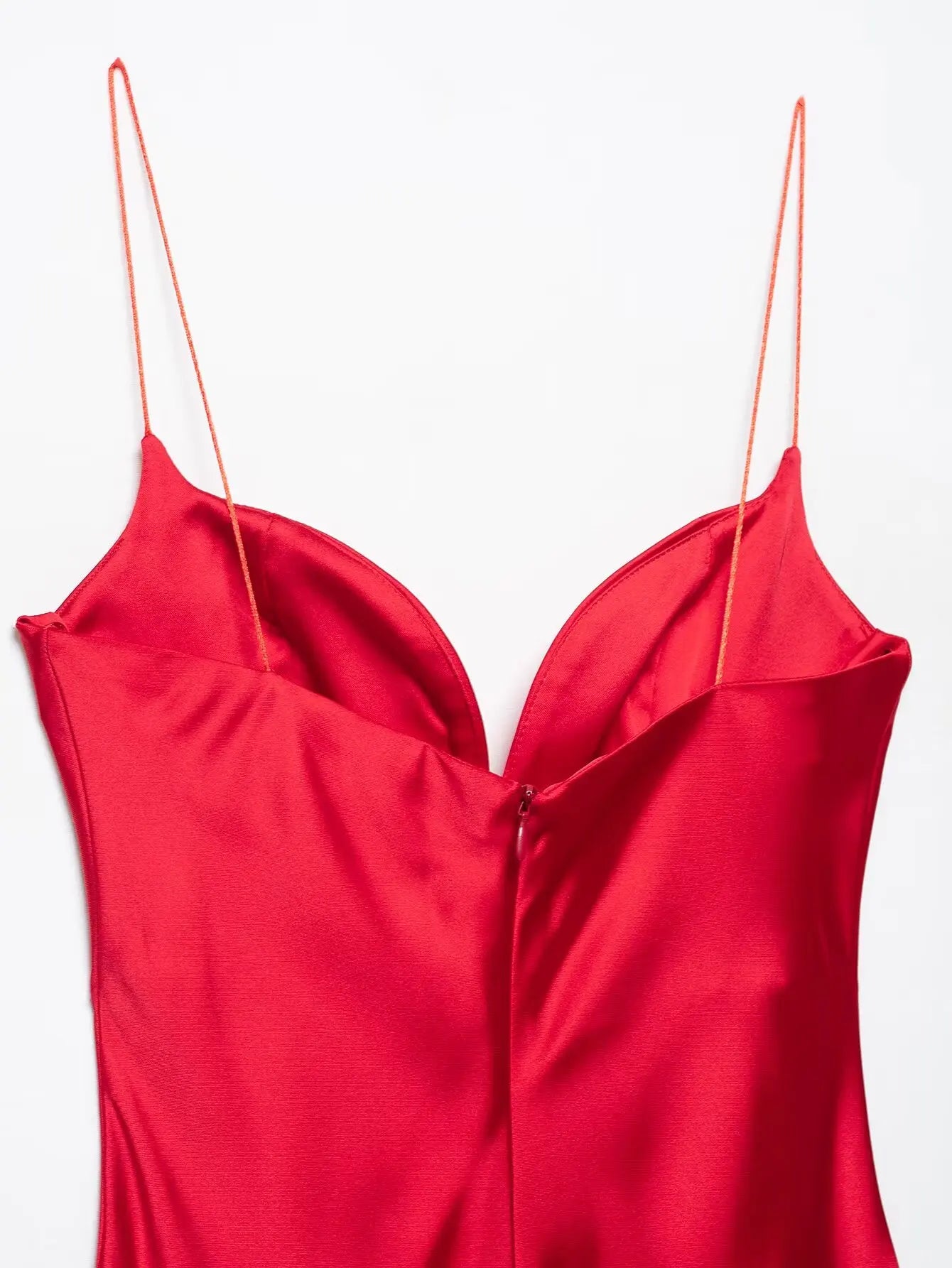 HH 2025 Women Red V-Neck Holiday Style Satin Texture Long Dress Sleeveless Summer Women's Back Zipper Fashion Sling Dresses