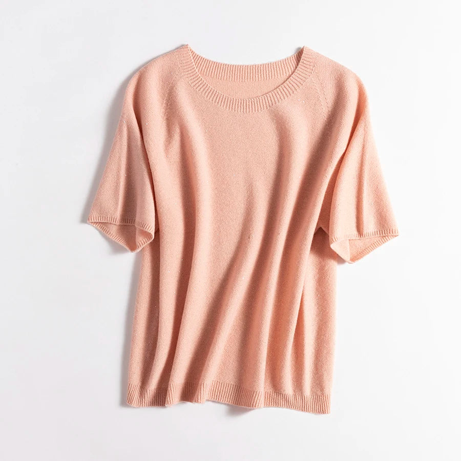 SuyaDream, 100%Merino Wool Pullovers for Woman, Round Neck, Short Sleeved Sweaters, 2025 Fall Winter Soft Warm Top, Pink, Olive