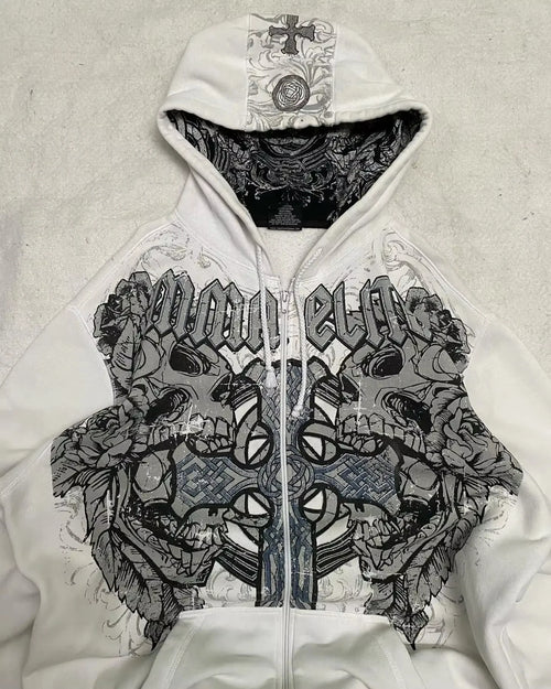 American Y2K New Hip Hop Trend Zipper Hoodie Women's Street Casual Loose Joker Vintage Sweatshirt Unisex Fleece-Lined Warm Hoodie