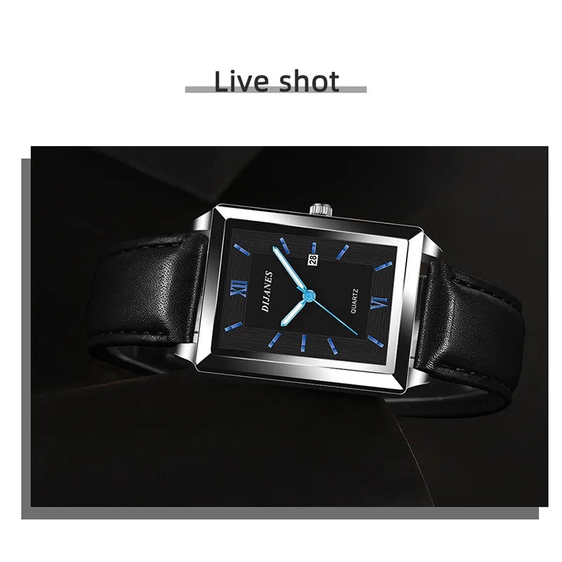 New Casual Leather Men's Square Quartz Watch Korean Student Calendar Watch Men Relojes Para Hombres