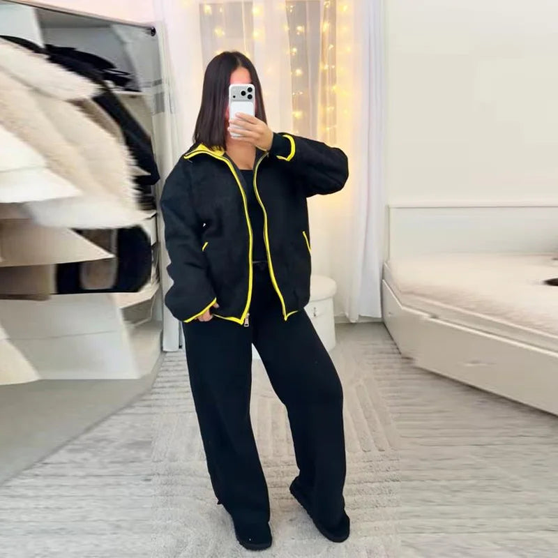 Fashion Contrast Knit Coat Women Stand Collar Zipper Pockets Full Sleeve Jacket 2025 Autumn Lady Elegant Outwear 2026 Spring New