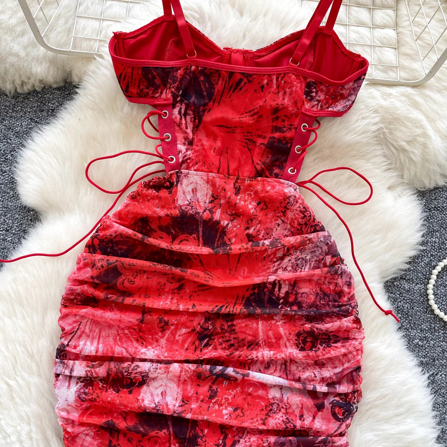 SINGREINY Summer Short Strap Dress Ladies Strapless Lace Up Hollow Out Design Pleated Slim Fit Print Sexy Clubwear Bodycon Dress