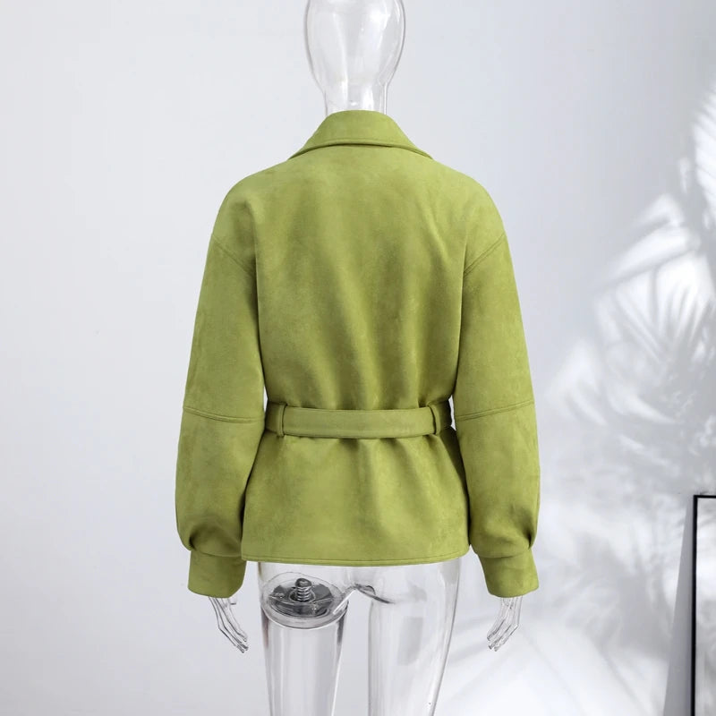 Street Women's Faux Suede Belt Lace Up Jacket Loose Green Lapel Button Full Sleeve Coats 2026 Spring Summer Lady Casual Outwear