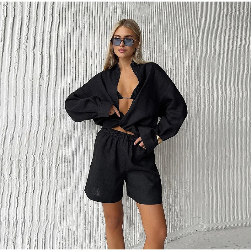 Casual Cotton Linen Pants Suit Women Solid Cozy Lapel Single Breasted Shirt Elastic Waist Wide Leg Pant 2026 Summer Loose Outfit
