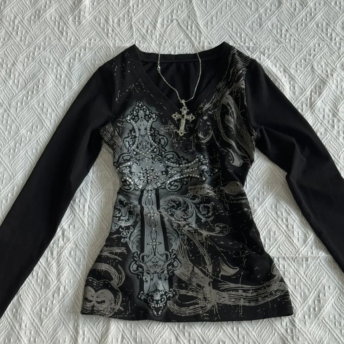 V-Neck Slim and Versatile Punk Full Printed Long-sleeves Europe and America Fashionable Tops for Women's Y2k Sweatshirts