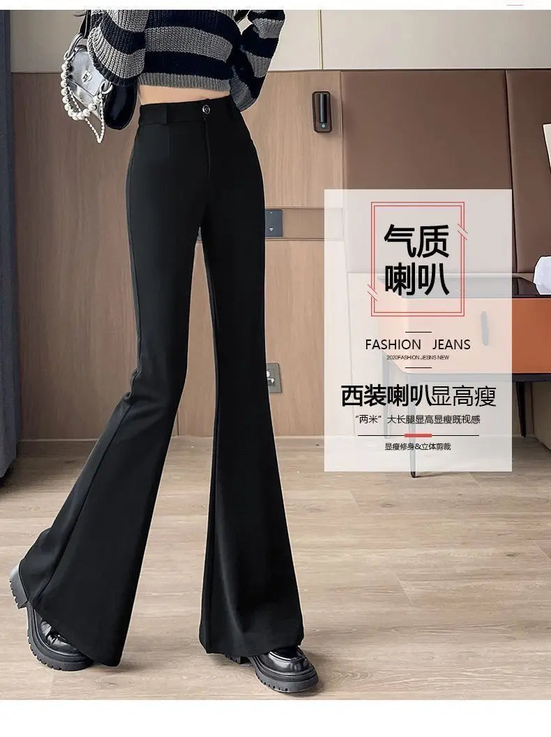 Women's High-Waisted Flared Pants Slim Fit Formal Trousers with Button Closure