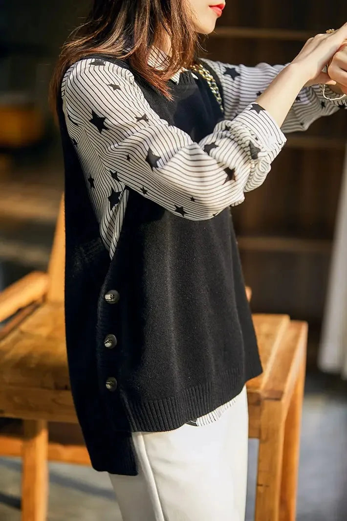 Fashion knit sweater vest College style under three-button solid color crew neck casual all-match pullover sweater for women