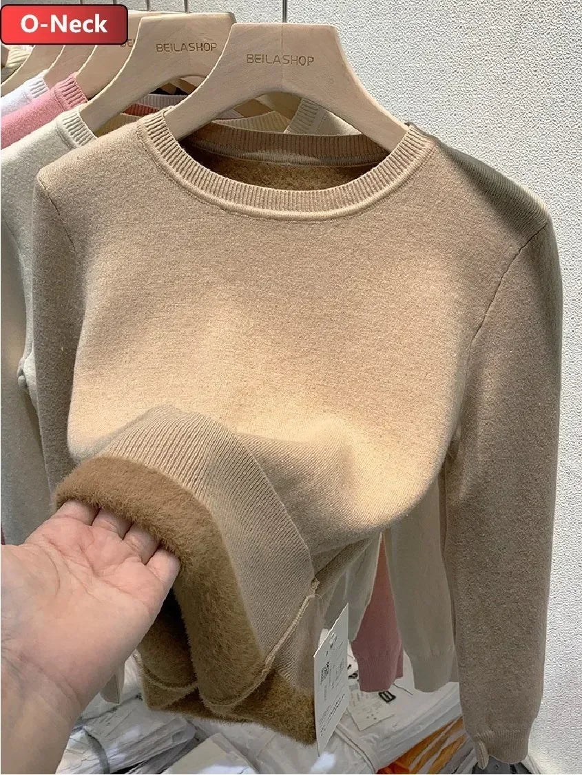 Winter Warm Sweater Pullover Women Slim Thicken Plush Velvet Lined Knitwear Jumper Korean Half Turtleneck Poleras Soft Knit Tops