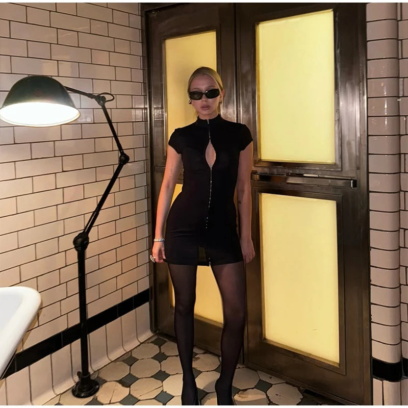 Black Women Hollow Out Slit Dress Sexy Short Sleeve Solid High Neck Slim Fit Maxi Dresses Lady Fashion Evening Party Club Robe