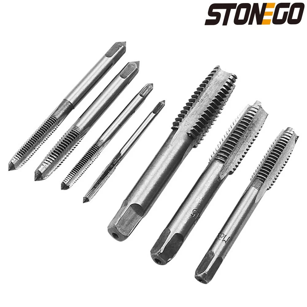 STONEGO 5PCS/7PCS Bearing Steel Taper Hand Spiral Point Straight Fluted Screw Thread Hand Tap Drill M3/M4/M5/M6/M8/M10/M12
