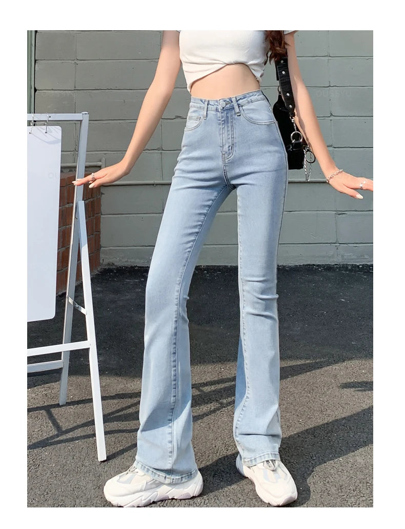 Flared Jeans Woman High Waist Denim Trousers For Female Blue White Black Elastic Skinny Fashion Classic Leisure Wide Leg Pants