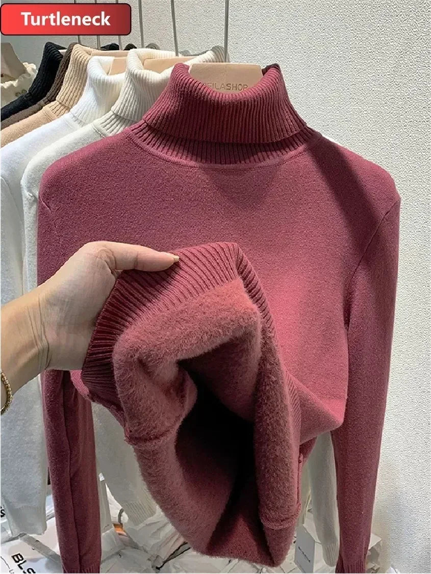 Winter Warm Sweater Pullover Women Slim Thicken Plush Velvet Lined Knitwear Jumper Korean Half Turtleneck Poleras Soft Knit Tops