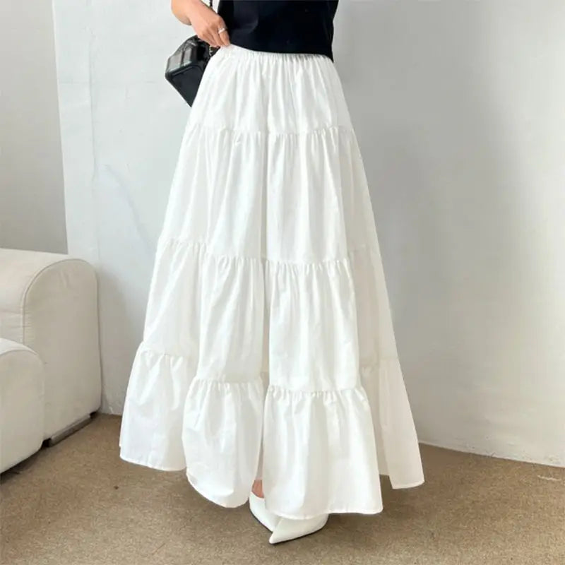 ZANZEA Women Korean Fashion Tiered Maxi Skirt Elastic Waist Casual Solid Color A-line Faldas Mujer Holiday Streetwear Long Jupes