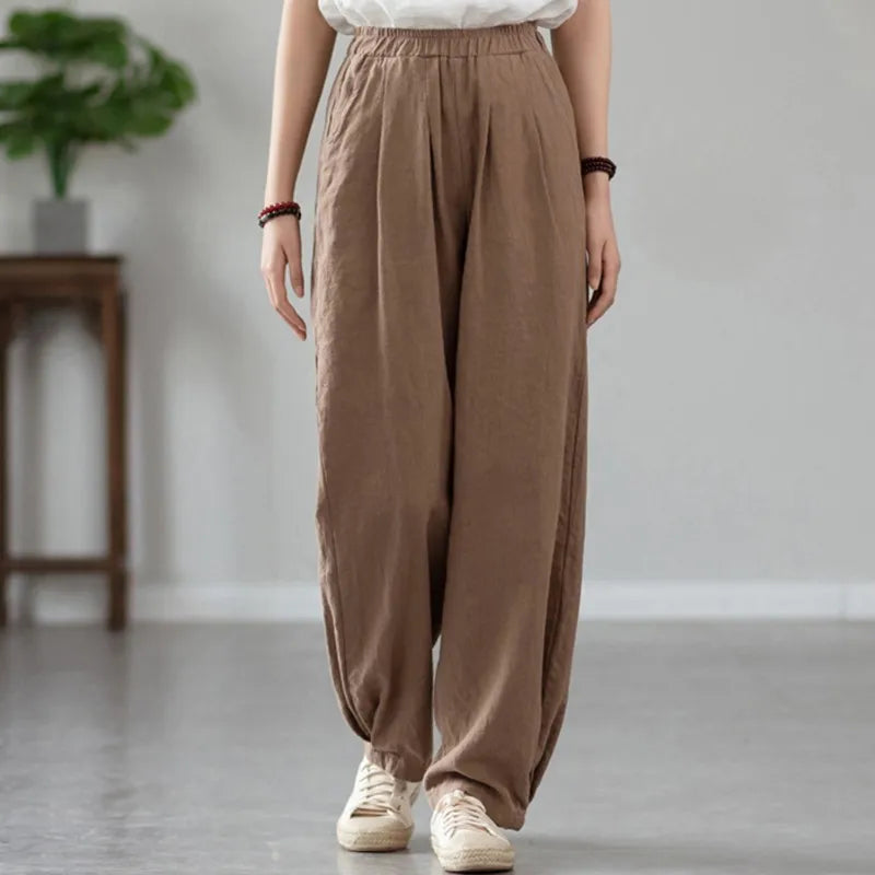 Johnature Women Vintage Solid Color Long Pants Linen Elastic Wasit 2025 Spring New Trouser Pockets Loose Women Straight Pants