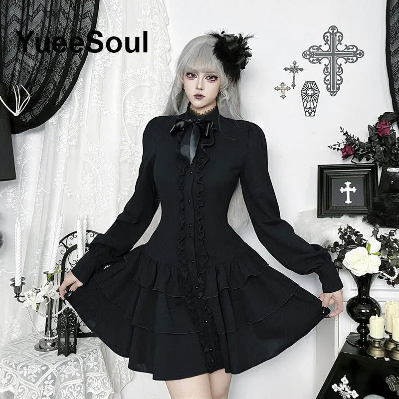 Halloween Gothic Grunge Punk Women Dress Long Sleeve Lace Slim Black Dresses 2026 New Y2K Harajuku Lolita Fairy Core Party Dress