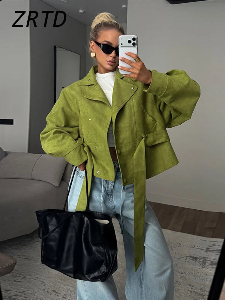 Street Women's Faux Suede Belt Lace Up Jacket Loose Green Lapel Button Full Sleeve Coats 2026 Spring Summer Lady Casual Outwear