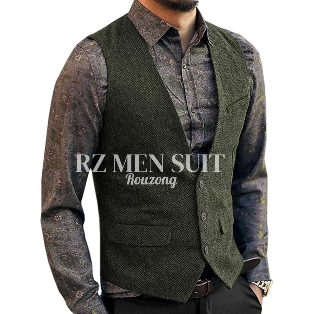 Men's Herringbone Tweed Wool Suit Vest Single Breasted Slim Fit Waistcoat Vest chaleco para hombre