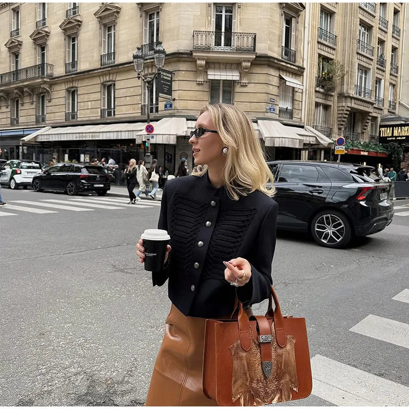 Women's Napoleon Style Black Cropped Jacket Coat Long Sleeve Tops Braided Button Trim Vintage Slim Fit Fashion Lady Outerwear