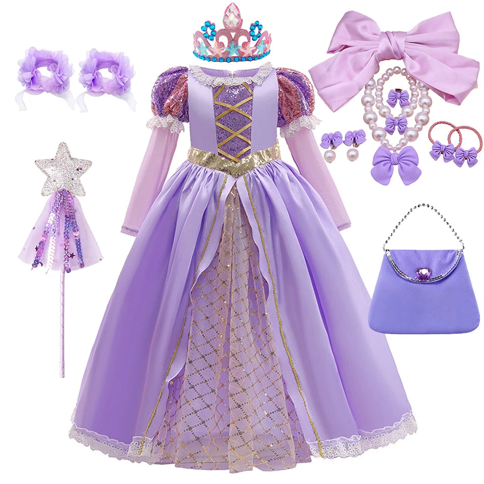 Rapunzel Dress Princess Costume Sets Children Birthday Carnival Halloween Party Fancy Girls Tangled Cosplay Clothes 2-10 Years