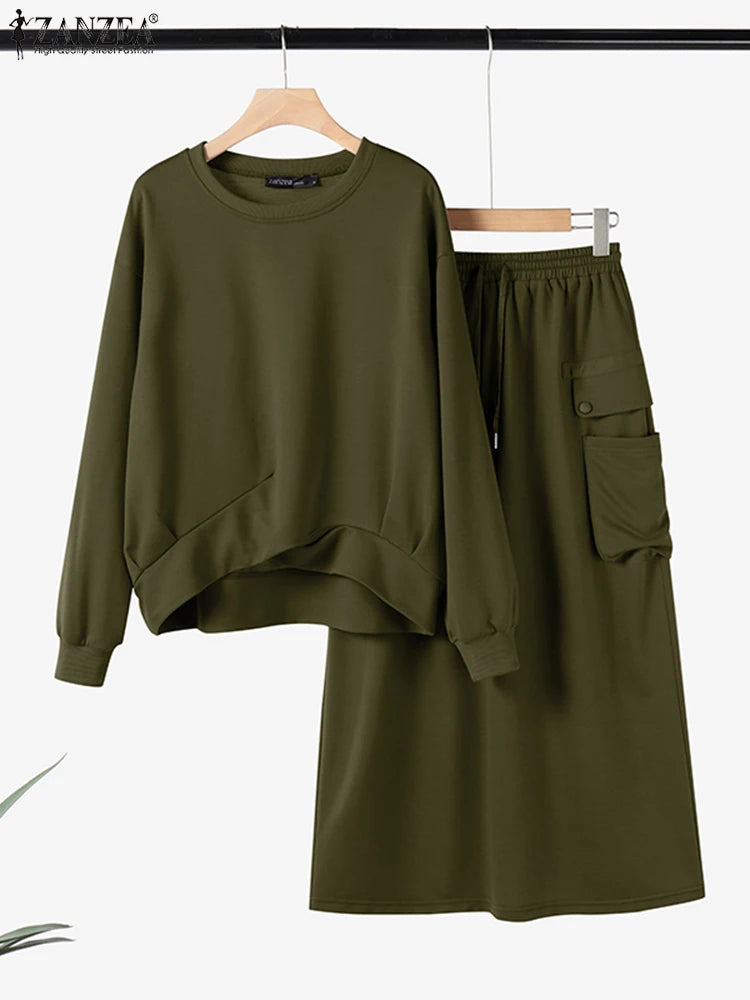 2026 ZANZEA 2PCS Autumn Winter Sweatshirts Dress Sets Women Long Sleeve Hoodies Tops Sundress OL Matching Sets Spring Outfits