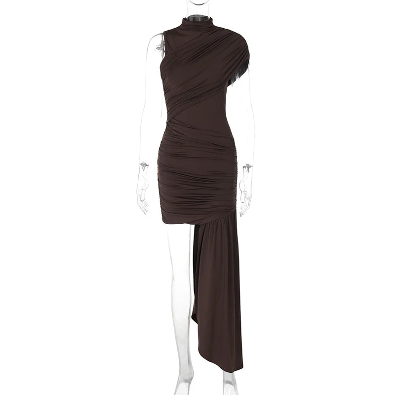 Mozision Irregular Draped Ruched Sexy Mini Dress For Women Elegant Turtleneck Sleeveless High Waist Pleated Club Party Dress