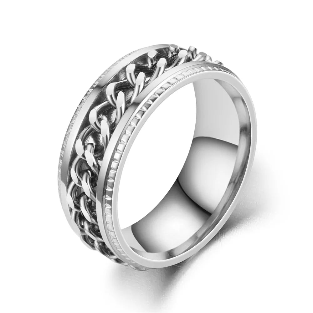 Titanium Steel Rotatable Chain Fidget Spinner Mens Rings Multifunction Anti Stress Knuckle Ring Accessories Anillo Hombres