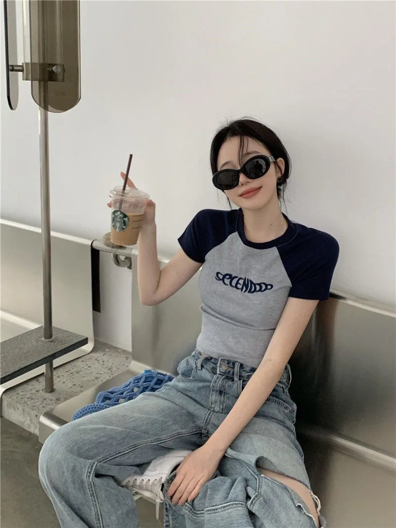 Y2K Women T Shirt Patchwork Letter Slim Fit Crop Tops Streetwear Casual Korean Fashion Short Sleeve Tshirts Bae Female Tees