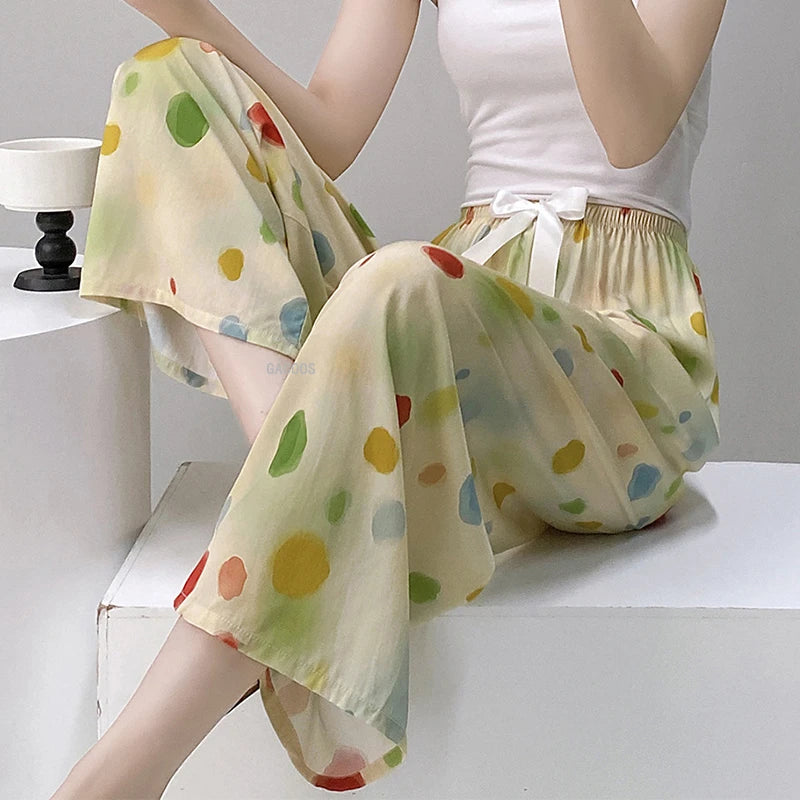 Women Casual Autumn Wide Leg Pants Floral Beach Trousers High Waist Boho Ethnic Style Calf Pants Four Season Girls Home Clothes