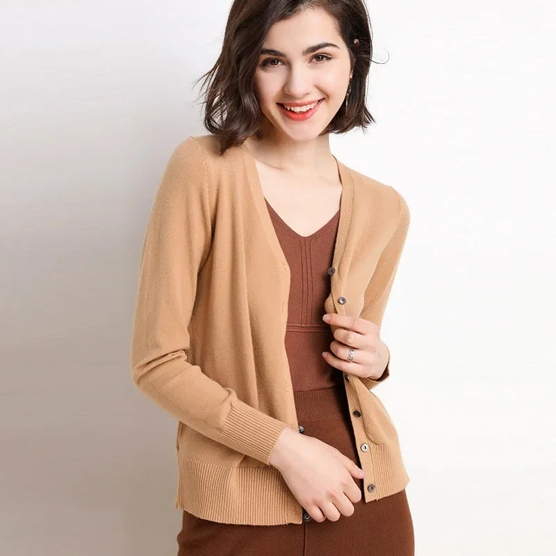 2025 Women Cardigans Long Sleeve Knitted Outerwear Solid Thin Spring Autumn Sweaters V-neck Knitwears Korean Fashion Cardigans