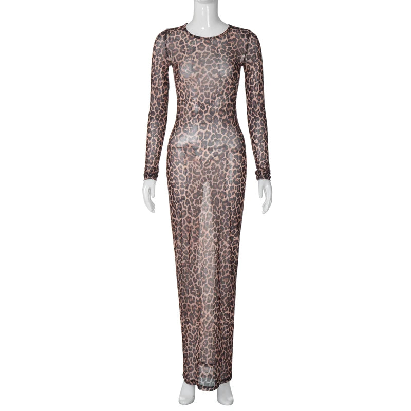 Hugcitar Leopard Print Mesh Long Sleeve Sexy Slim  See Through Maxi Dress Fall Women Fashion Outfits Beach Vacation Club