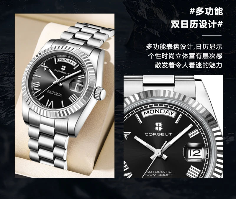 Corgeut automatisch mechanisch herenhorloge - 39/36mm Japanese movemen Saffierdatumweergave met vergrootglas - Reloj para Hombre