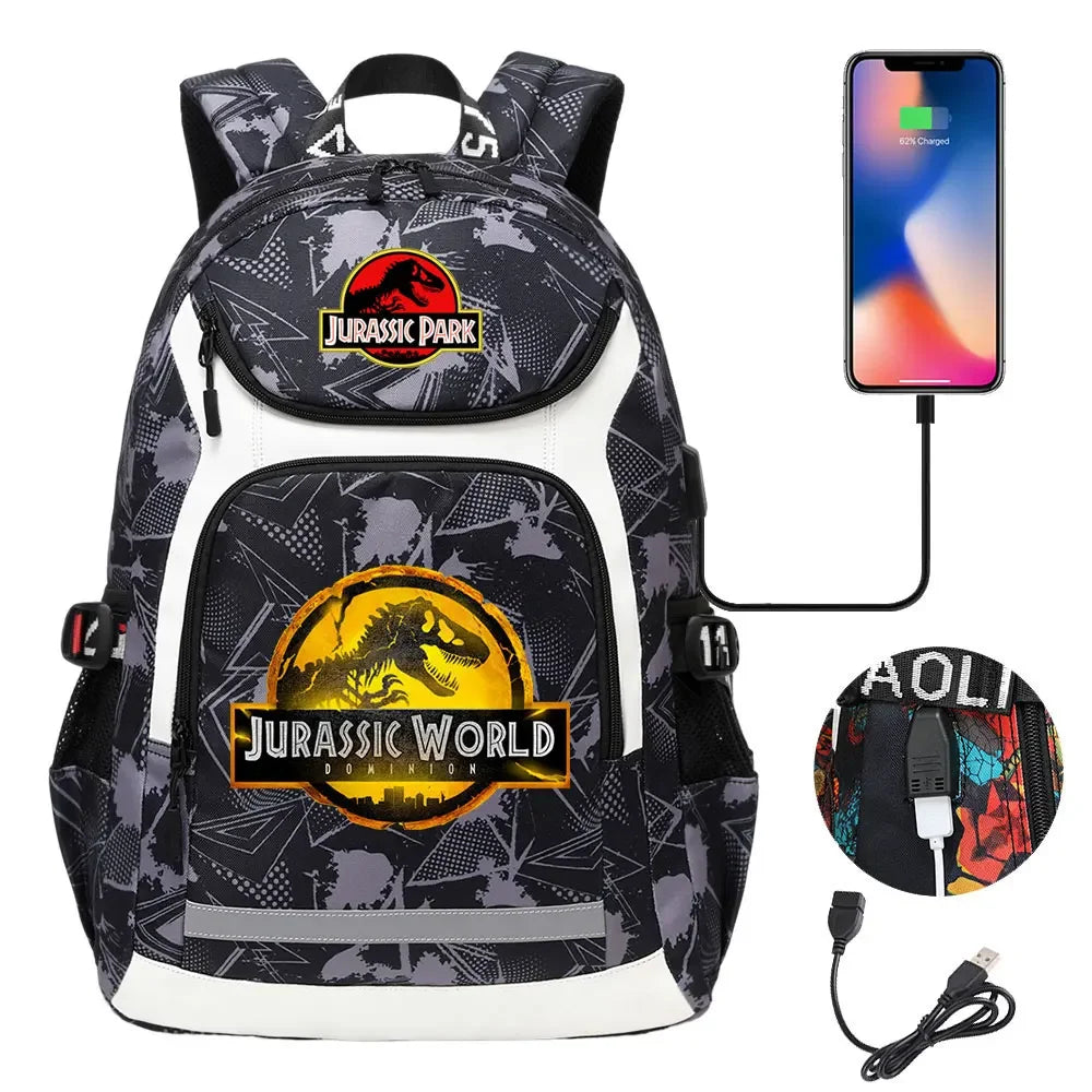 Jurassic World Park Dinosaur Girls Boys Kids School Book Bags USB Teenagers Schoolbags Women Men Laptop Travel Backpack