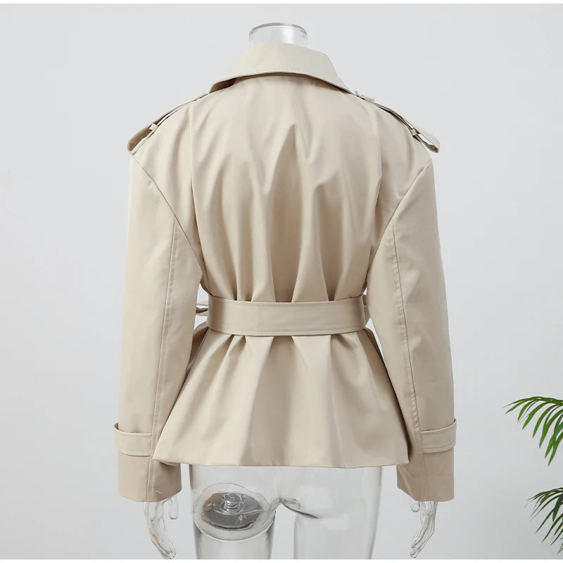 Solid Lapel Lace Up Trench Coat Women Fashion Full Sleeve Waist Cinching Short Windbreak New Autumn Office Commute Outwear 2026