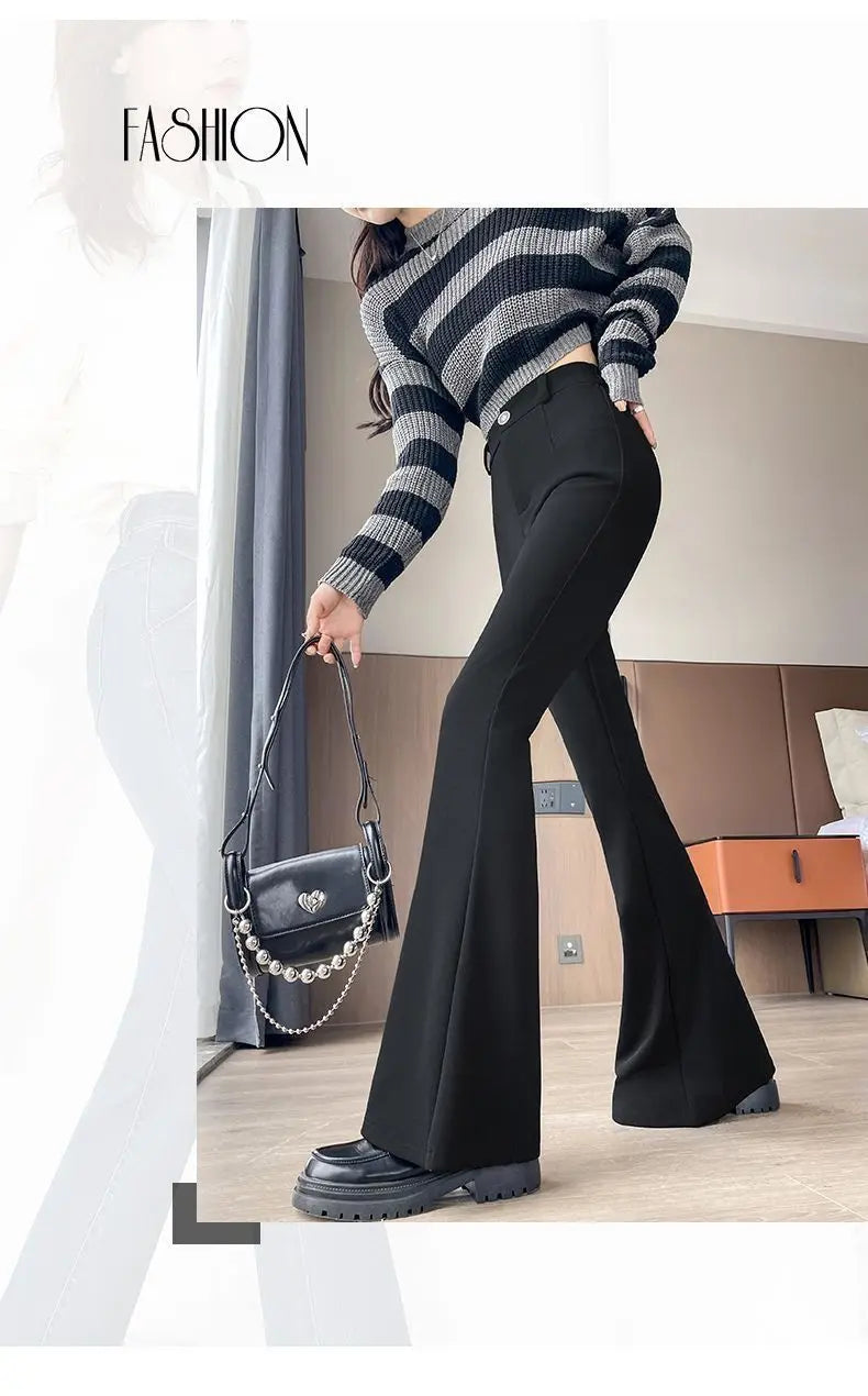Women's High-Waisted Flared Pants Slim Fit Formal Trousers with Button Closure