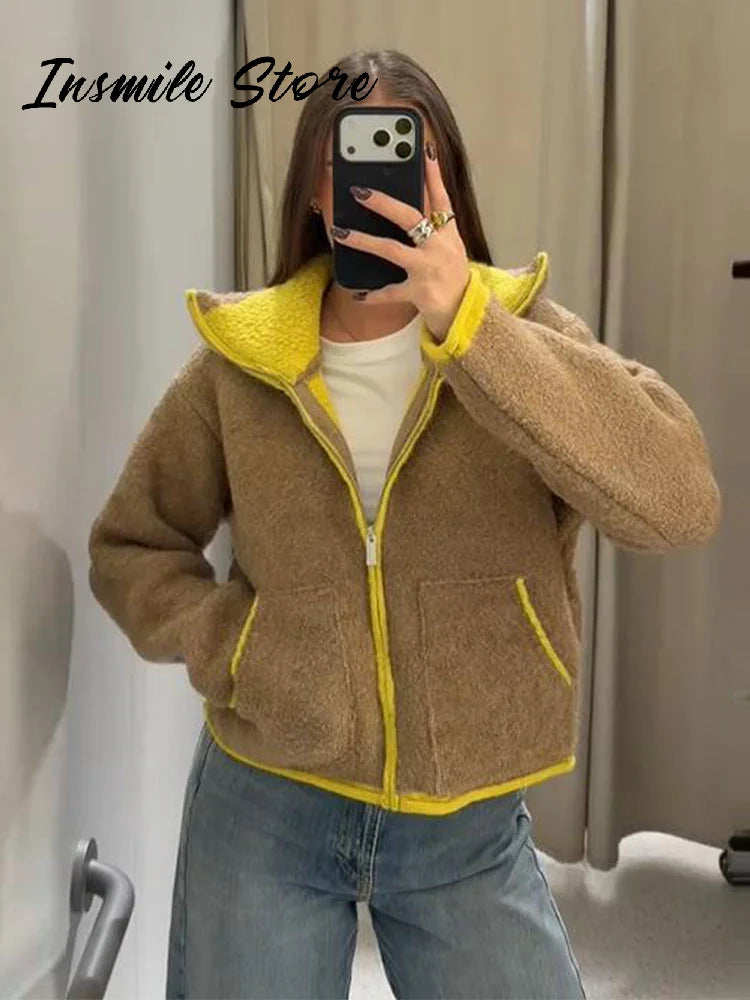Fashion Contrast Knit Coat Women Stand Collar Zipper Pockets Full Sleeve Jacket 2025 Autumn Lady Elegant Outwear 2026 Spring New