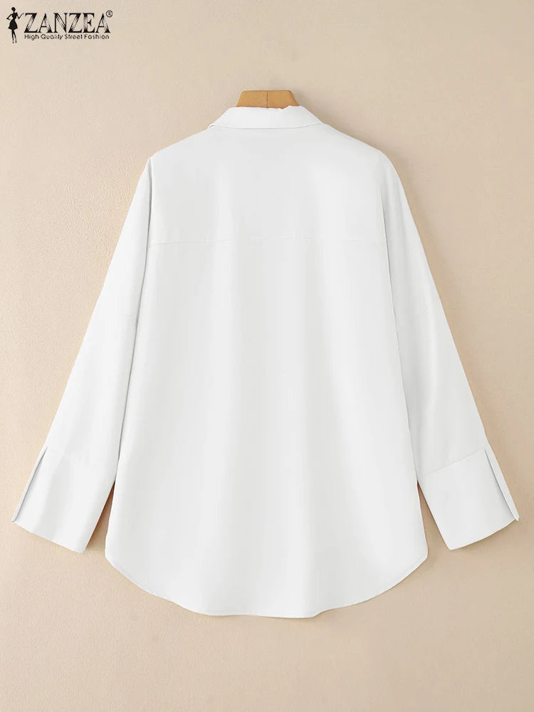 ZANZEA Oversized Women's White Shirts Turn-Down Collar Long Sleeve Button Up High-Low Solid Color Tops 2025 Autumn Streetwear