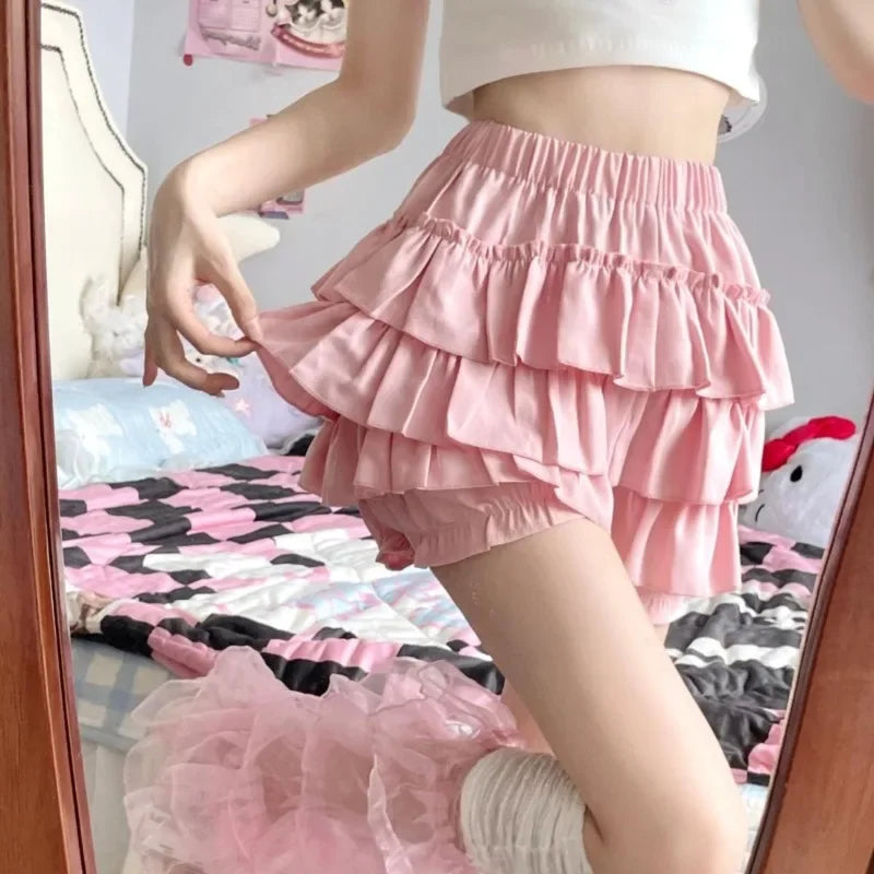 Puffy Cake Mini Skirts Women Ruched Ruffle High Waist Solid All-match Sweet Lovely Girls College Harajuku Trendy Streetwear Ins