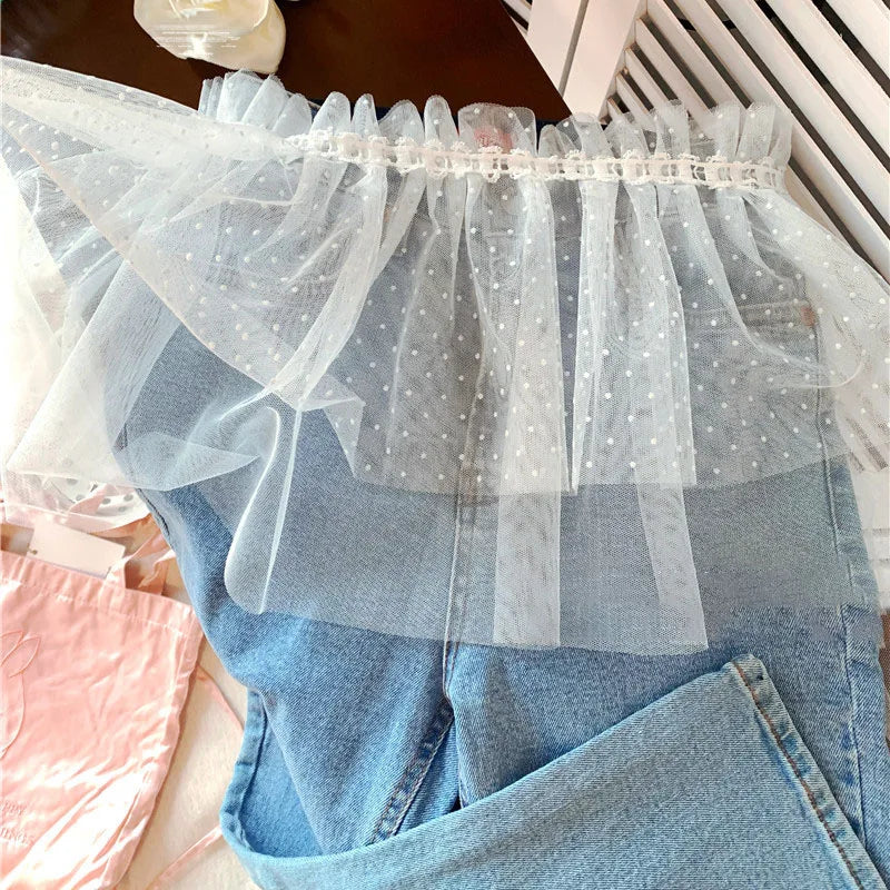 Elegant Polka Dot Lace Embroidery White Lace Half Skirt Women's Design Layered Short Skirt Korean High Waist A-Line Skirt Apron