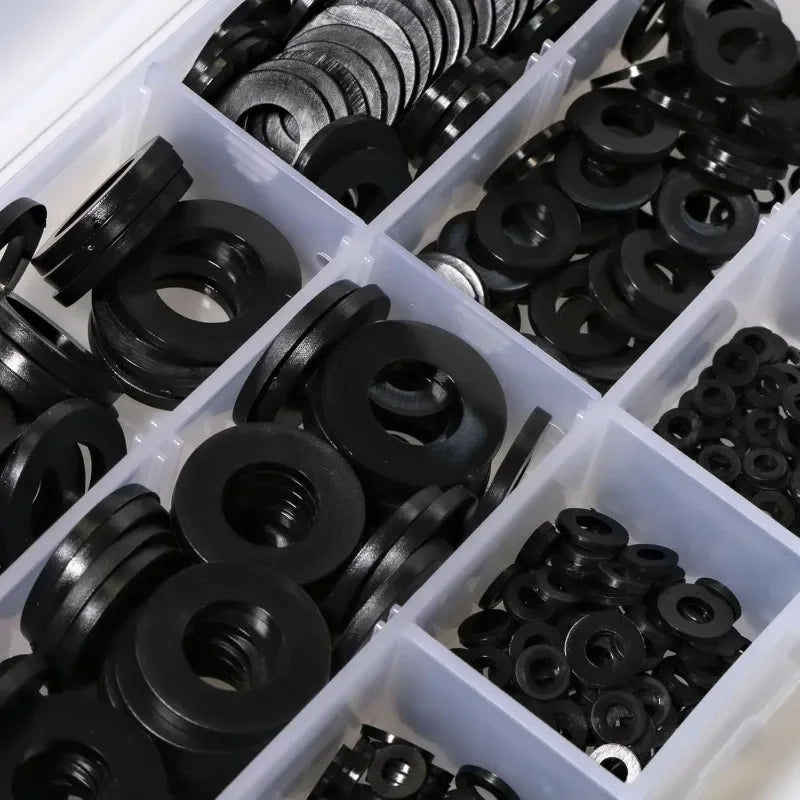 350Pcs Black Nylon Flat Gasket Set M2 M2.5 M3 M4 M5 M6 M8 Plastic Nylon Sealing Gasket Sorting Kit